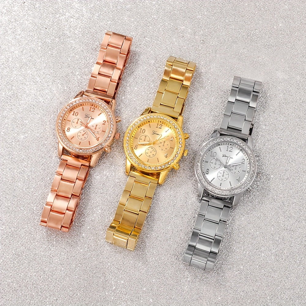 3pcs/set Fashionable Steel Band Watch Set, Exquisite Digital Dial Display Screen, Paired With Alloy Case, Rhinestone Design, Non Waterproof, Exquisite, Elegant, Fashionable Watch Set Combination, Perfect Choice For Giving To Family/Friends/Lovers