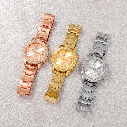 3pcs/set Fashionable Steel Band Watch Set, Exquisite Digital Dial Display Screen, Paired With Alloy Case, Rhinestone Design, Non Waterproof, Exquisite, Elegant, Fashionable Watch Set Combination, Perfect Choice For Giving To Family/Friends/Lovers