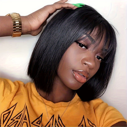 Short Bob Straight Human Hair Wigs With Bangs Natural Color Glueless Full Machine Made Human Hair Wigs 6-14 Inch