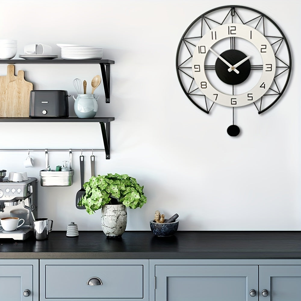 1pc Unique Swing Wood Metal Wall Clock - Silent Quartz Movement