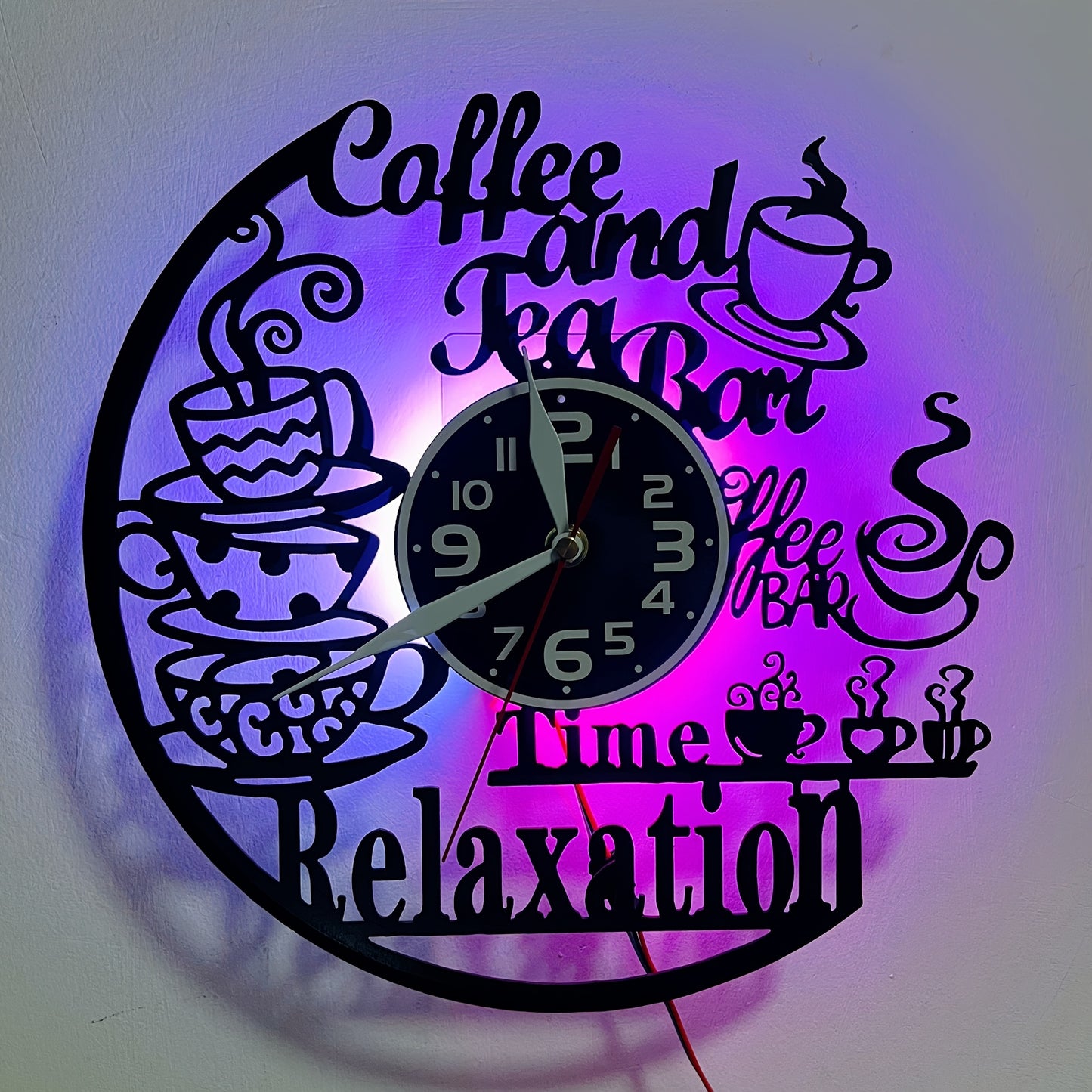 Vinyl Coffee and Tea Bar Themed Wall Clock - Silent, Glowing LED Lights..