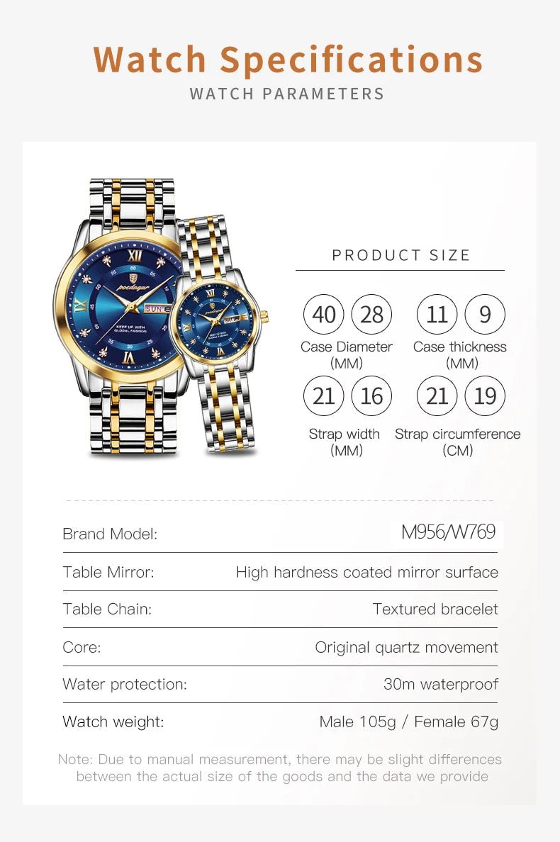 Couple Watches Trend Fashion Original Quartz Watch for Lover Waterproof Date Week Luminous His and Her Wirstwatch New - buythingsusa