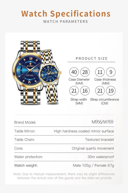 Couple Watches Trend Fashion Original Quartz Watch for Lover Waterproof Date Week Luminous His and Her Wirstwatch New - buythingsusa