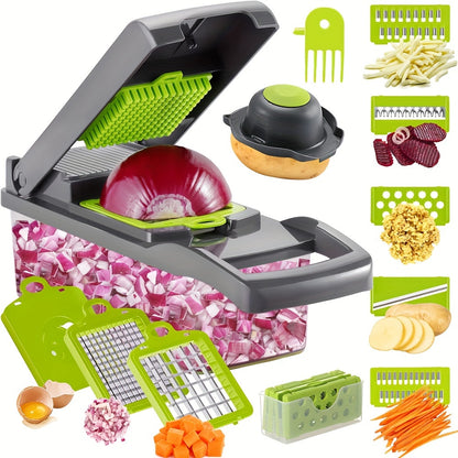 16pcs/26set Multifunctional Vegetable Slicer and Chopper with Interchangeable Blades - Easy to Cut, Dice and Shred Vegetables, Professional Onion Chopping, Suitable for 8 Blades Fast Food Preparation Slicer, Including Container