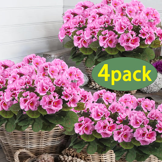 4pcs Realistic Artificial Pink Geraniums with Green Foliage - Vibrant Plastic Flowers for Indoor & Outdoor Decor, Perfect for Garden, Porch, Patio, Window Box, and Hanging Planters | Year-Round Display, Artificial Outdoor Flowers