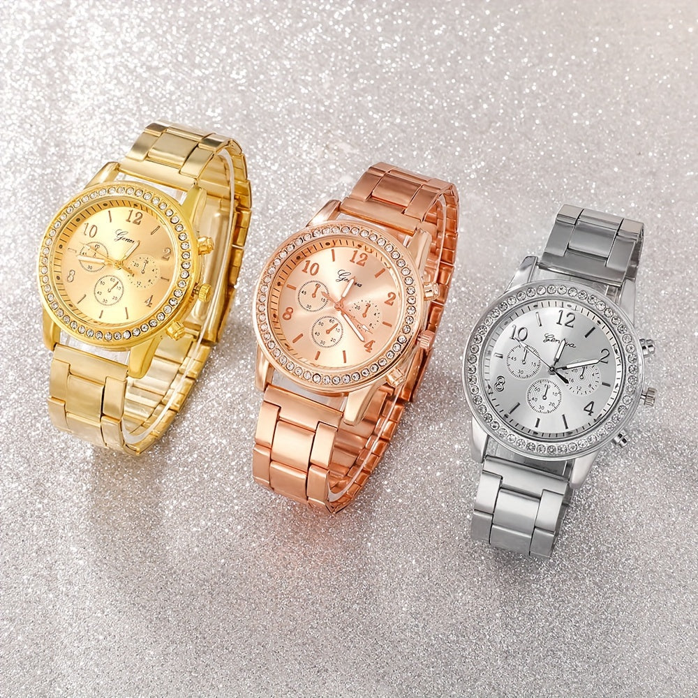 3pcs/set Fashionable Steel Band Watch Set, Exquisite Digital Dial Display Screen, Paired With Alloy Case, Rhinestone Design, Non Waterproof, Exquisite, Elegant, Fashionable Watch Set Combination, Perfect Choice For Giving To Family/Friends/Lovers