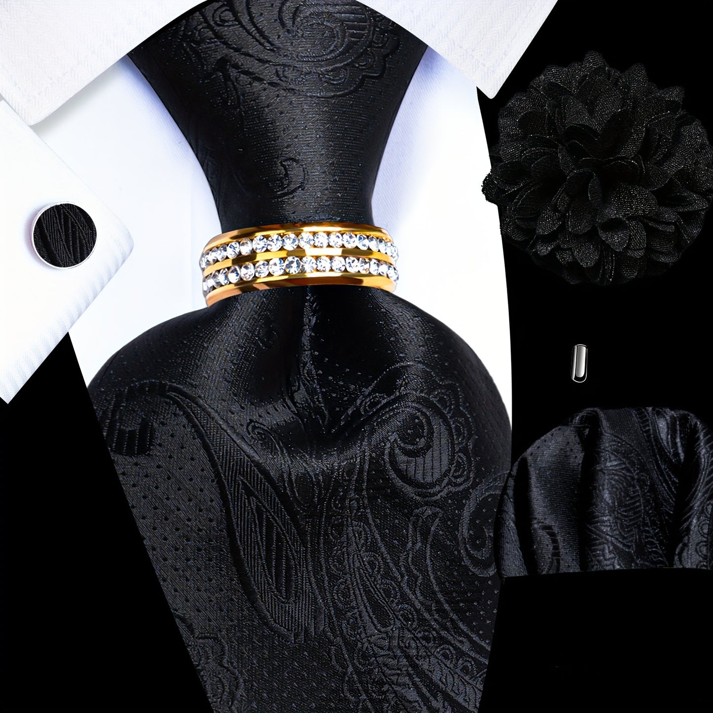 5PCS Men's Luxury Tie Set with Pocket Square, Cufflinks, Drilled Tie Ring, and Lapel Pin