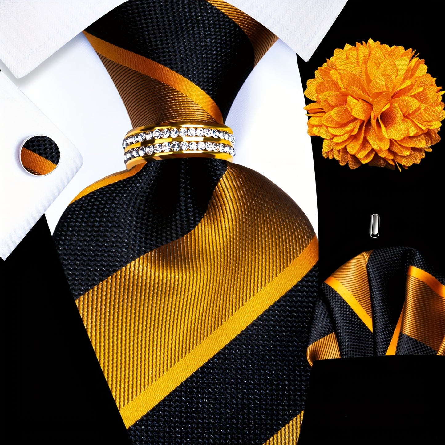 5PCS Men's Luxury Tie Set with Pocket Square, Cufflinks, Drilled Tie Ring, and Lapel Pin