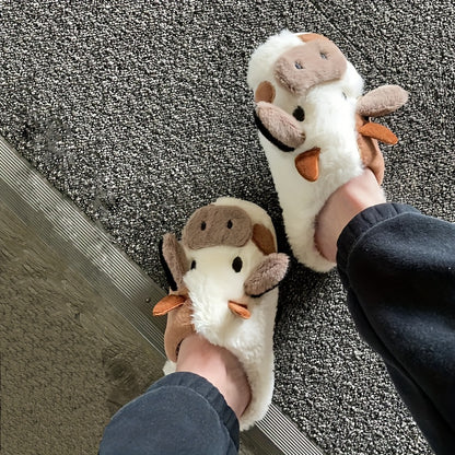 Women's Cartoon Cute Cow House Slippers - Warm Plush Lined Closed Toe Fuzzy Home Slides - For Women - Perfect for Cozy Winter Nights & Relaxing at Home - Ideal Gift for Cow Lovers & Friends