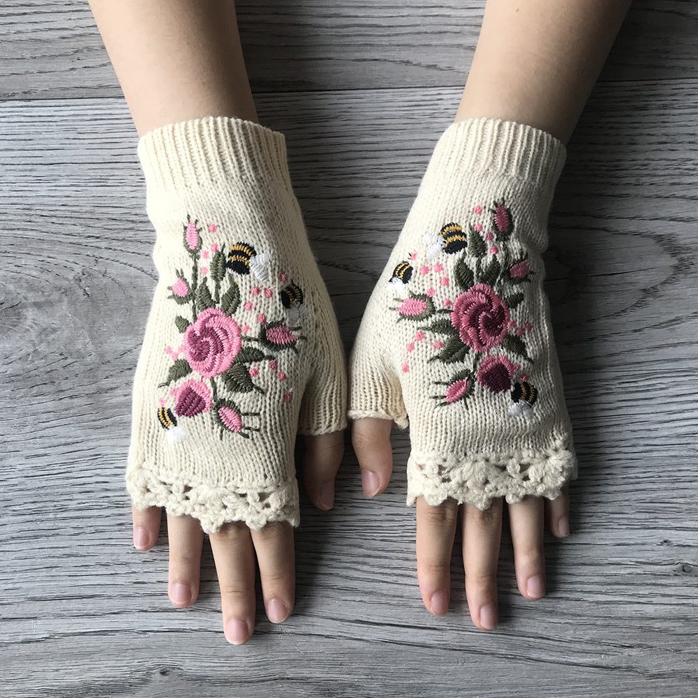 Handmade Flower Embroidered Gloves Women's Fingerless Knit Gloves Autumn Winter Coldproof WritingGloves