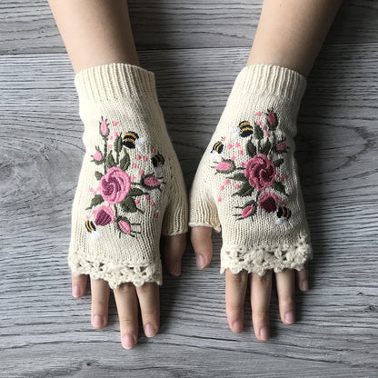 Handmade Flower Embroidered Gloves Women's Fingerless Knit Gloves Autumn Winter Coldproof WritingGloves