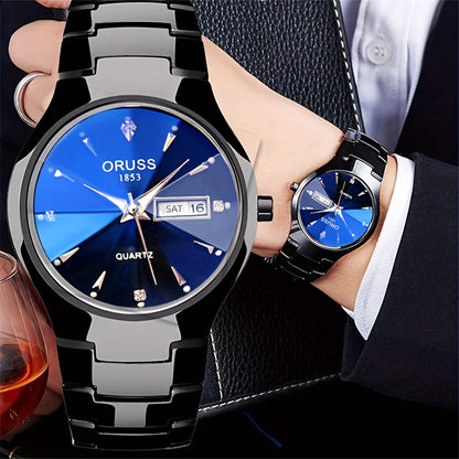 2pcs ORUSS Elegant Lovers' Watches - Sleek Black with Blue Dial