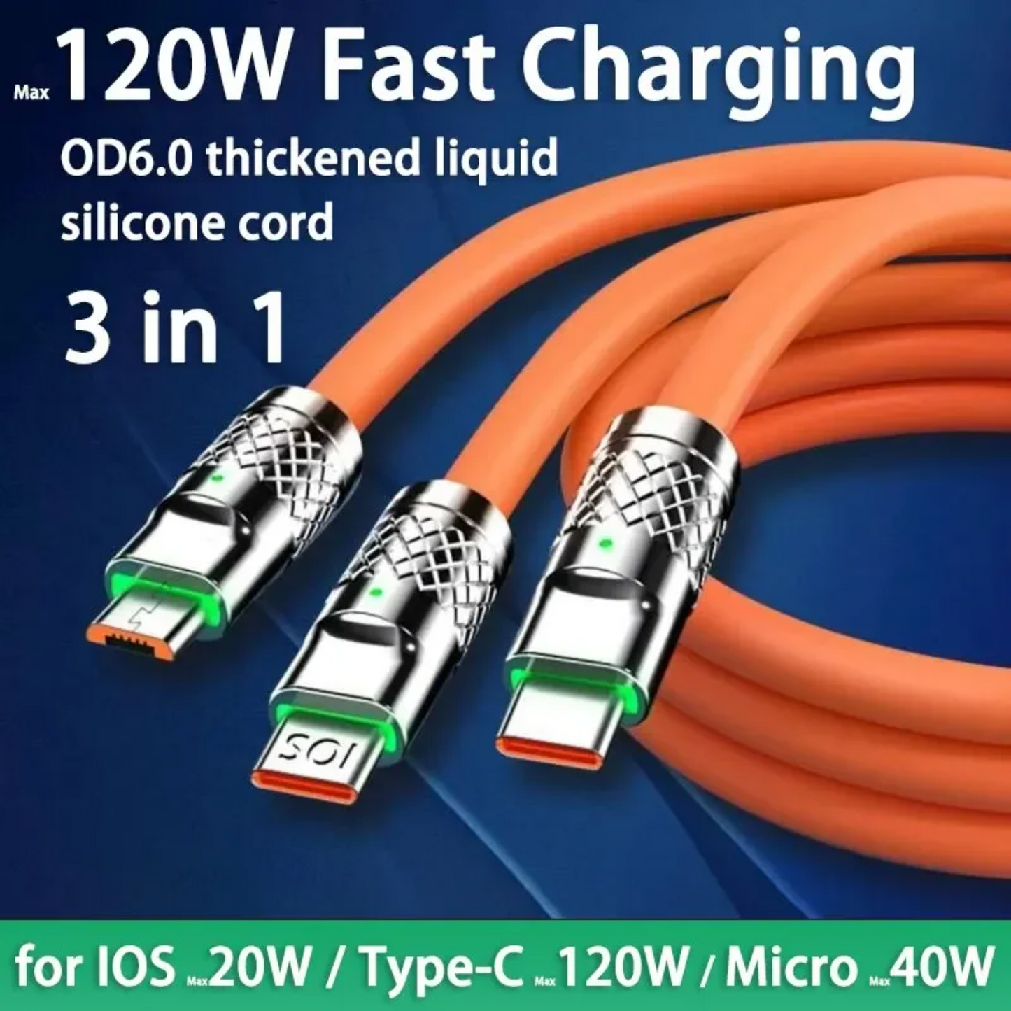 3 in 1 120W 6A Fast Charging Type C Cable Micro USB