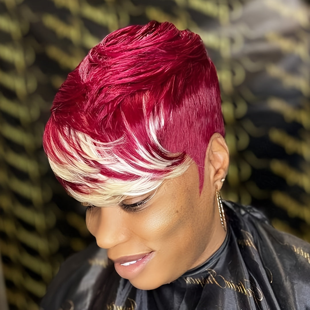 Elegant Pixie Cut Wig for Women - 100% Real Human Hair, Short Layered with Bangs in Vibrant Colors (99J/613, 1B30, 1B, Bug/613) - Glueless, No Shedding, Perfect for Music Festivals & Special Occasions, Brazilian, Full Machine Made, Dress Up Wig