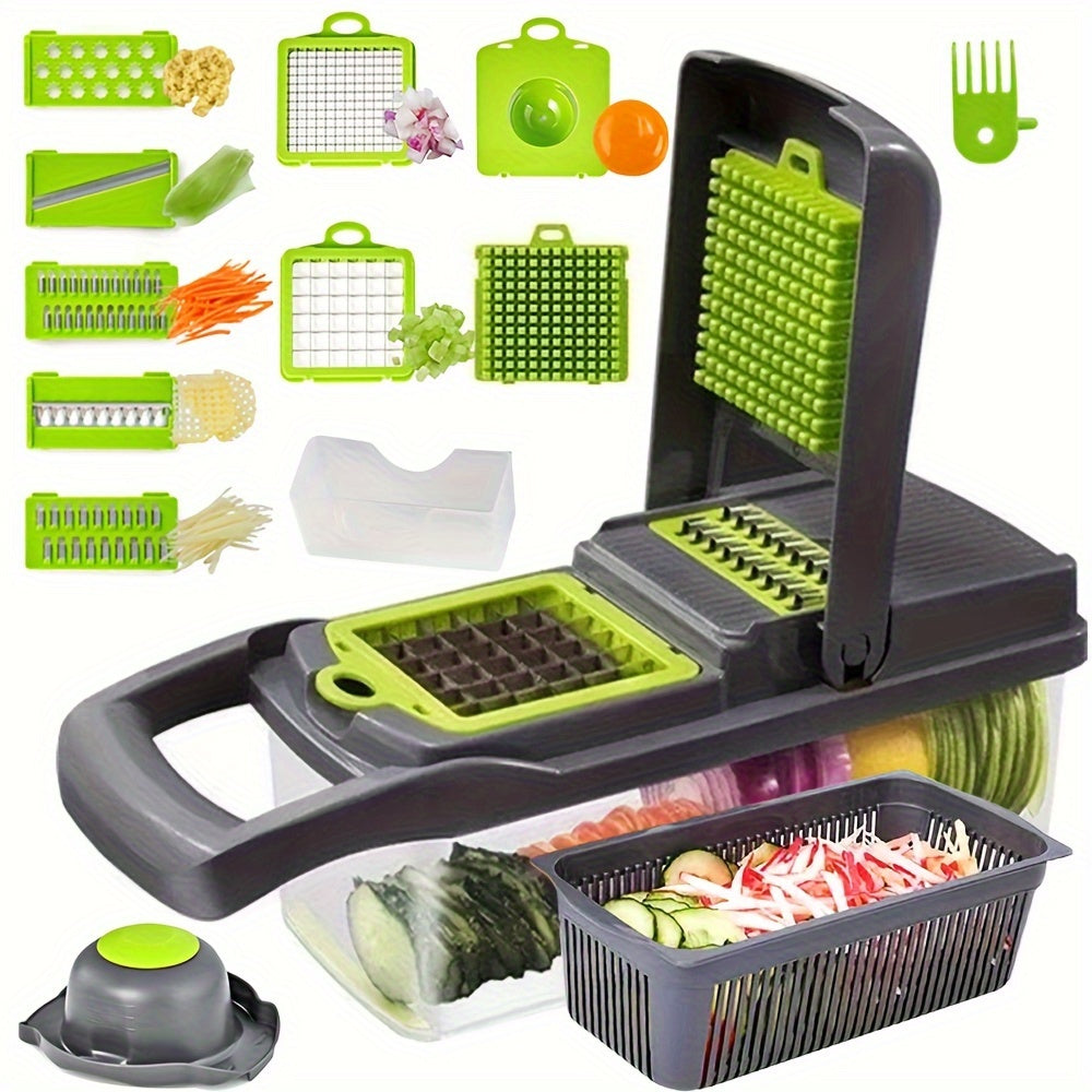 16pcs/26set Multifunctional Vegetable Slicer and Chopper with Interchangeable Blades - Easy to Cut, Dice and Shred Vegetables, Professional Onion Chopping, Suitable for 8 Blades Fast Food Preparation Slicer, Including Container