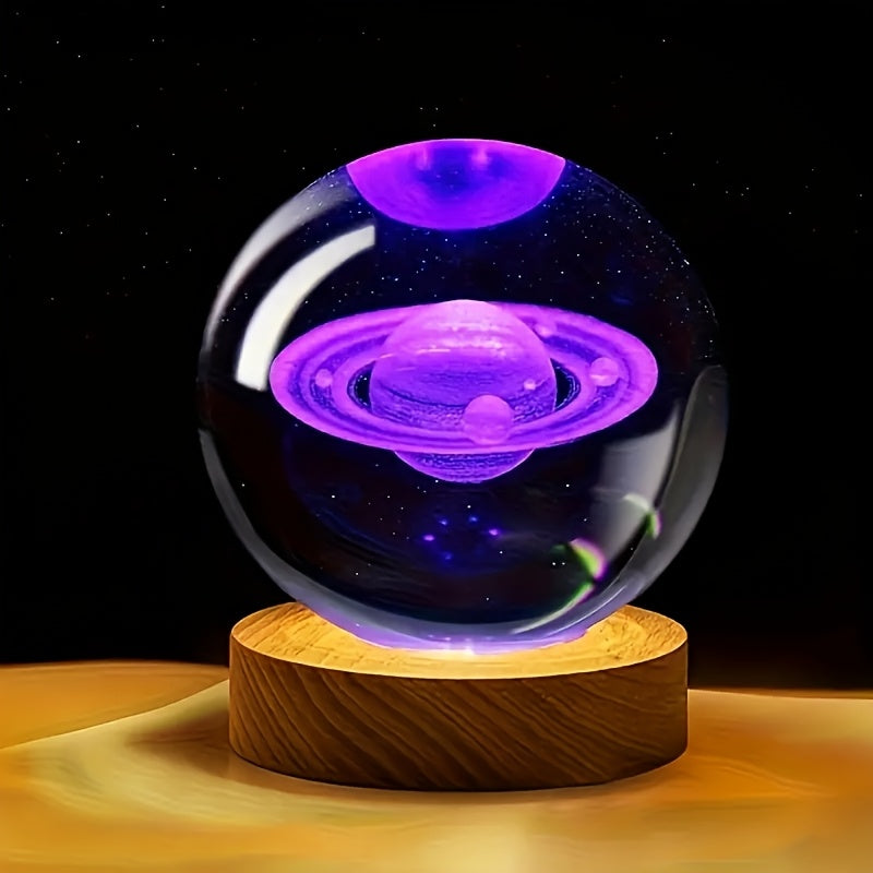 1pc Small 3D Saturn System Crystal Ball with Wooden Base, Planet Saturn Night Light for Home Decoration, Gift for Astronomy Lovers Educational Space Model 2.36 Inch