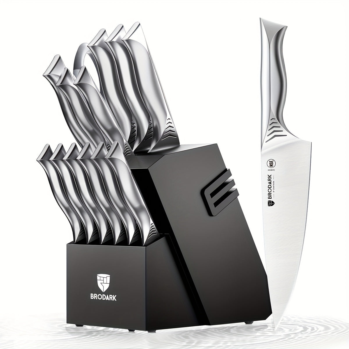 Brodark Shark Series Kitchen Knife Set With Block - 15pcs Knife Block Set With Built-in Sharpener - Dishwasher Safe - NSF Certified Stainless Steel - For Home Cooks & Professionals - Perfect Gift for Housewarming & Cooking Enthusiasts