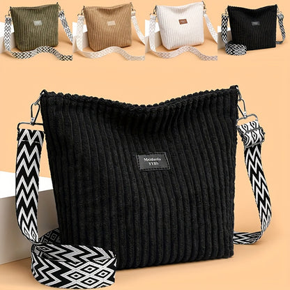 Casual Corduroy Crossbody Bag with Adjustable Strap, Lightweight Polyester Lined, Zipper Closure, Striped Pattern, Hand Washable - Fashionable Shoulder Bag for Daily Commute, Shopping, and Travel
