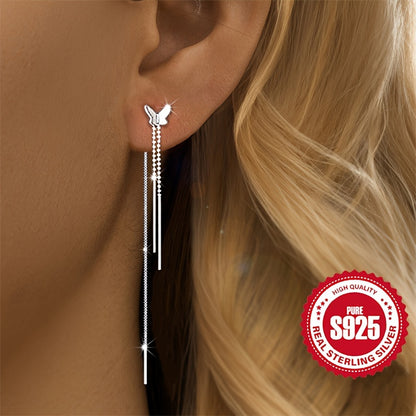 1 Pair of Elegant S925 Sterling Silver Butterfly Tassel Earrings, Hypoallergenic, 2.1g - Chic & Delicate Design, Perfect Gift for Women, Ideal for Daily Wear & Special Occasions, All-Season Accessory