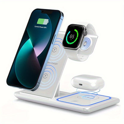 Wireless Charging Station 3-in-1 Standard 15W Fast Mag-Safe Charger Stand with QC3.0 Adapter, Suitable for iPhone 15 14 13 12 11 x 8 Pro Max/Pro/Mini/Plus, iWatch Ultra 9/8 7/6/5/4/3/2, AirPods 3/2