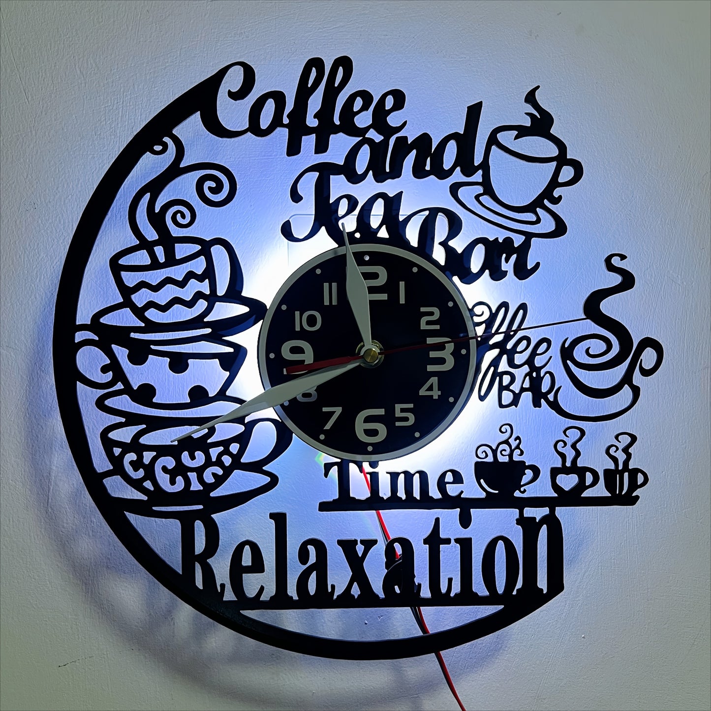 Vinyl Coffee and Tea Bar Themed Wall Clock - Silent, Glowing LED Lights..