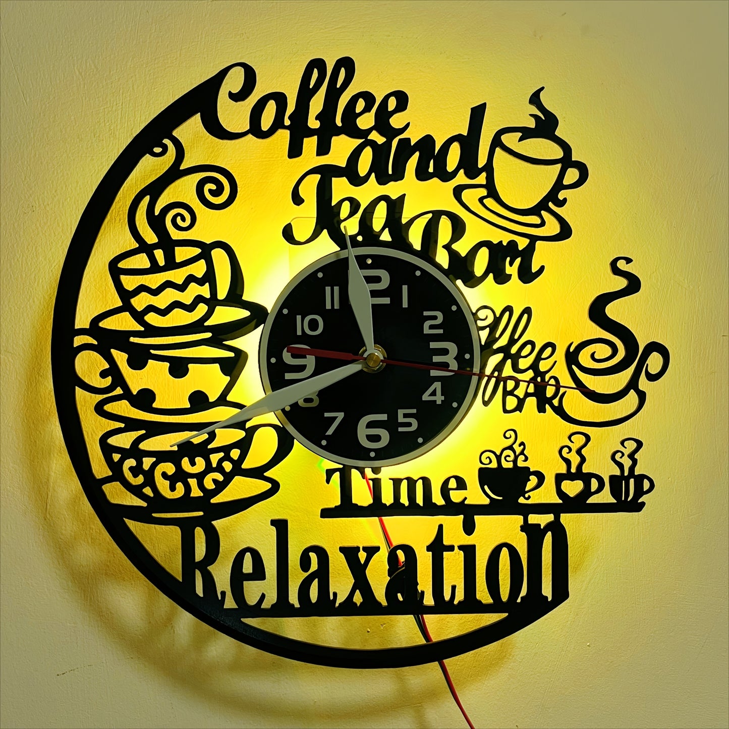 Vinyl Coffee and Tea Bar Themed Wall Clock - Silent, Glowing LED Lights..