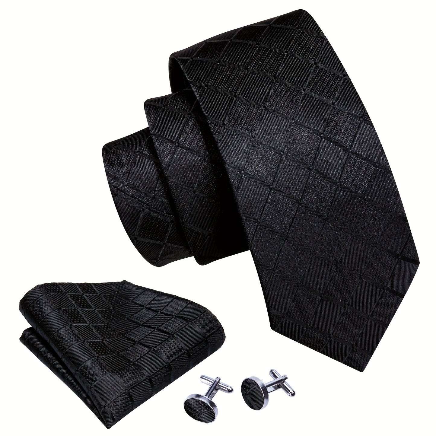 Black Plaid Jacquard Tie Cufflinks Pocket Square Towel Set For Men