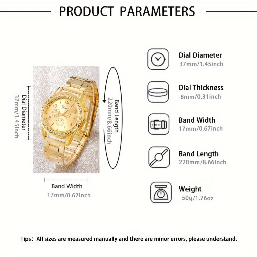 3pcs/set Fashionable Steel Band Watch Set, Exquisite Digital Dial Display Screen, Paired With Alloy Case, Rhinestone Design, Non Waterproof, Exquisite, Elegant, Fashionable Watch Set Combination, Perfect Choice For Giving To Family/Friends/Lovers