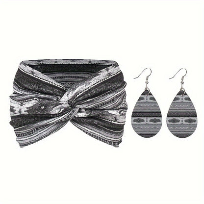 Bohemian Style Headband and Earrings Set - 2pcs, Polyester Boho Wide Printed Cross Knot Hairbands with Matching Earrings, Breathable, High Elastic, Washable, Lightweight, Daily Use Headband Sets for Women - Multiple Patterns Available