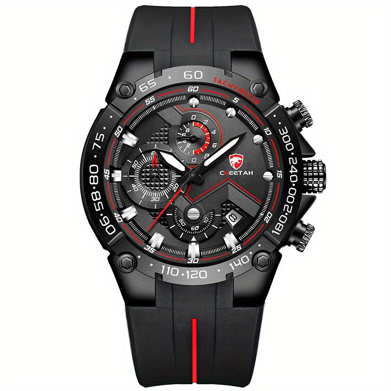 CHEETAH Luxury Quartz Sports Watch With Big Dial Chronograph And Auto Date Silicone Watchband For Men, Ideal choice for Gifts