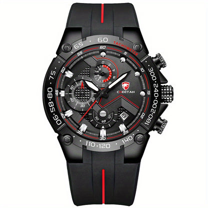 CHEETAH Luxury Quartz Sports Watch With Big Dial Chronograph And Auto Date Silicone Watchband For Men, Ideal choice for Gifts