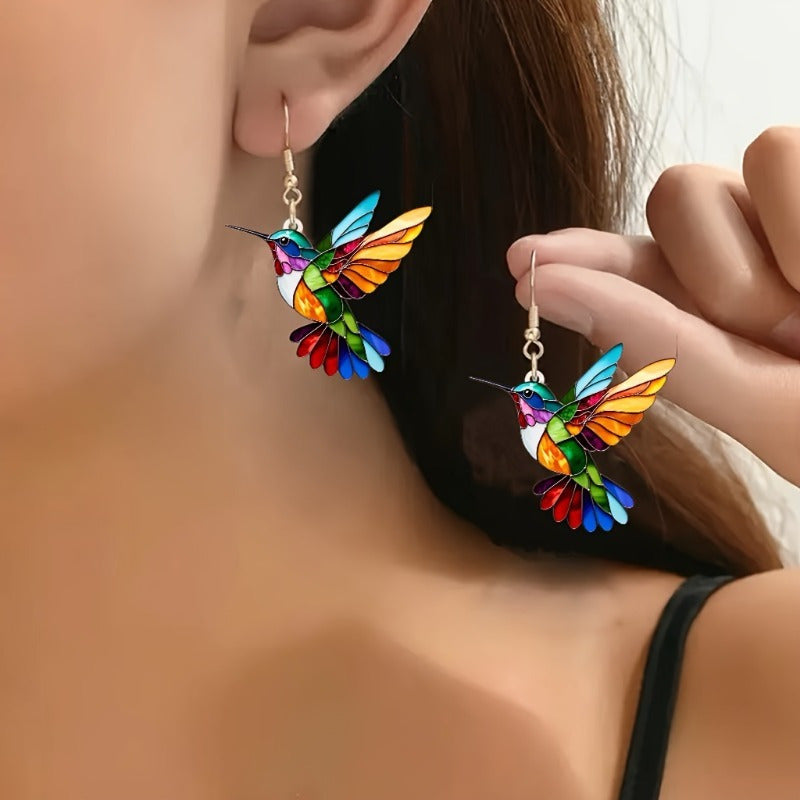 Charming Acrylic Hummingbird Dangle Earrings - Colorful, Lightweight & Hypoallergenic Stainless Steel Posts for Casual Attire or Gifting