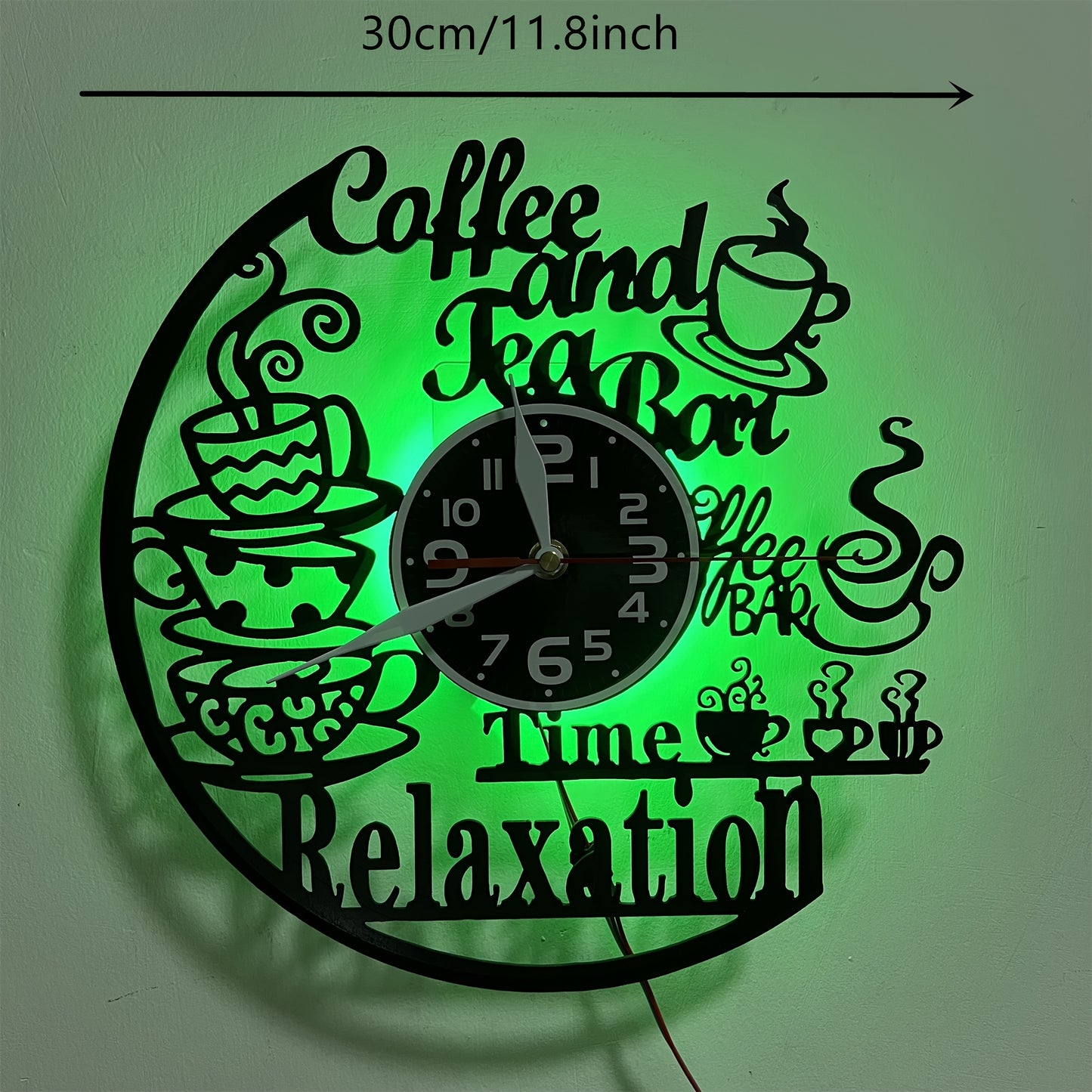 Vinyl Coffee and Tea Bar Themed Wall Clock - Silent, Glowing LED Lights..