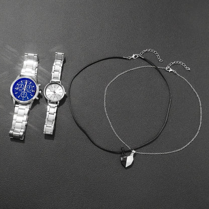 4pcs Chic Couples' Quartz Watch Set with Steel Bands & Magnetic Heart Necklaces
