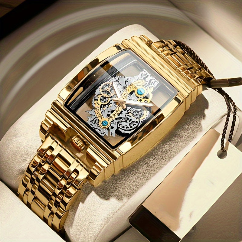 Elegant Men's Golden-Tone Tonneau Watch with Intricate Mechanical Design - Stainless Steel, Luminous Hands & Date Display, Stopwatch Function, Water-Resistant