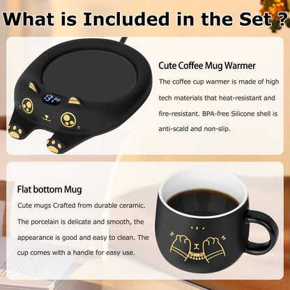 3-Temp Coffee Mug Warmer & Adorable Cat Mug Set