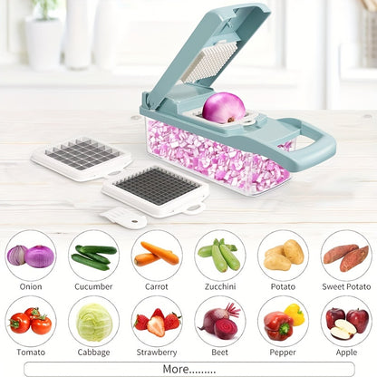 16pcs/26set Multifunctional Vegetable Slicer and Chopper with Interchangeable Blades - Easy to Cut, Dice and Shred Vegetables, Professional Onion Chopping, Suitable for 8 Blades Fast Food Preparation Slicer, Including Container