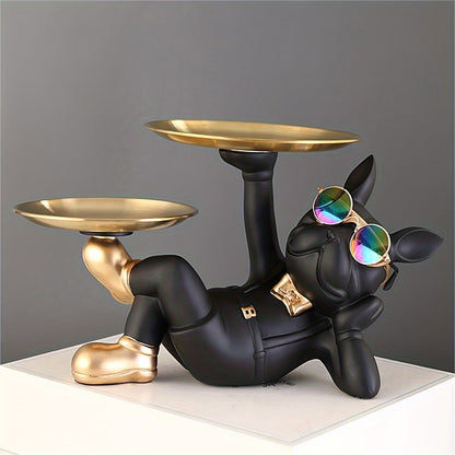 Nordic Fashion Art Resin French Bulldog Animal Figurine - Cool Dog Sculpture Tray for Candy, Snacks, Keys, Coins, Fruit, Jewelry - Home Decor for Living Room, Porch, Bedroom, Office Desk - Gift for Dog Lovers