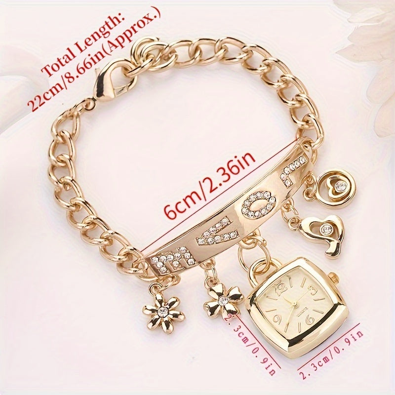 Women's Bracelet Watch LOVE Alphabet Alloy Quartz Watch Flower Decor Tonneau Dress Watch Ladies Exquisite Casual Watch