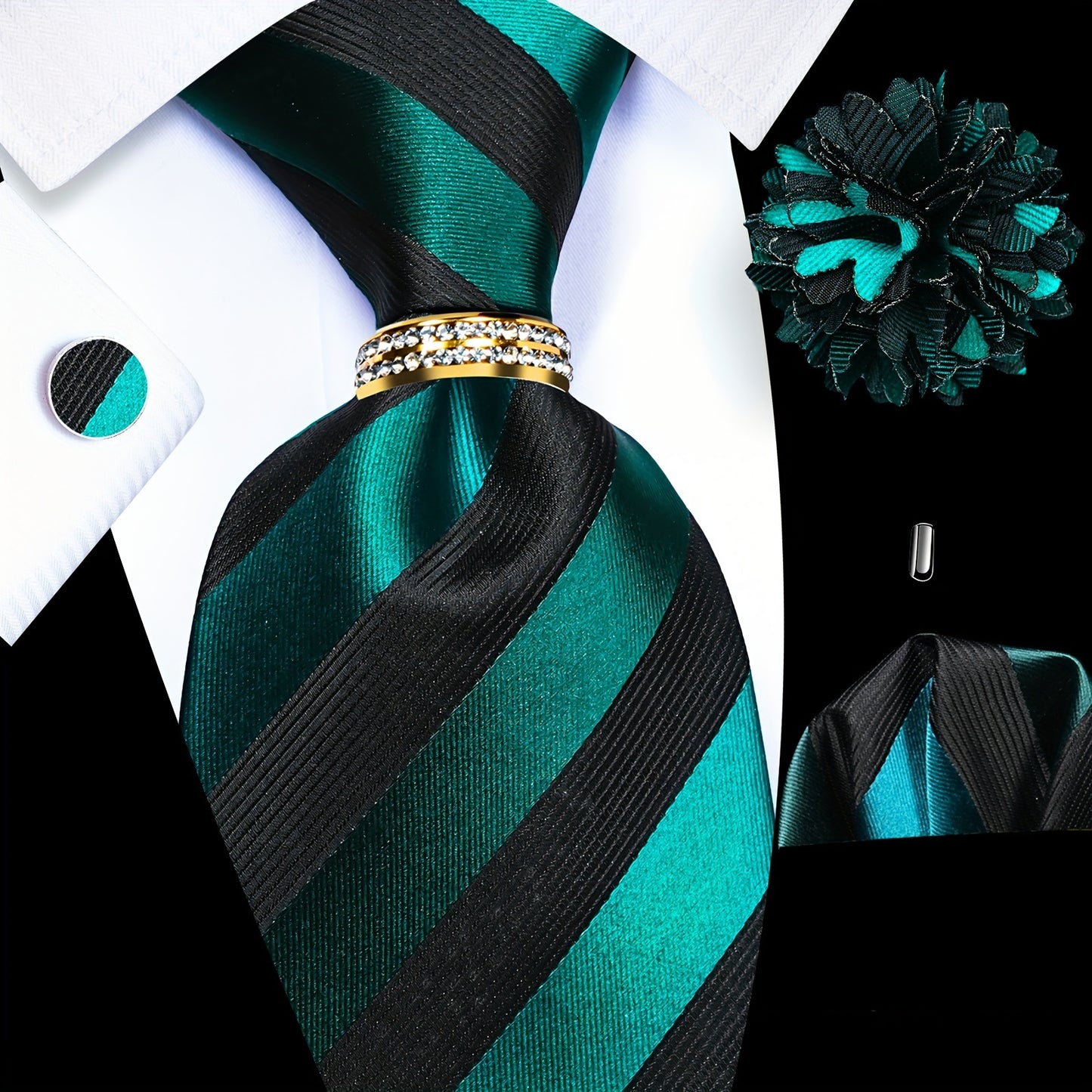 5PCS Men's Luxury Tie Set with Pocket Square, Cufflinks, Drilled Tie Ring, and Lapel Pin