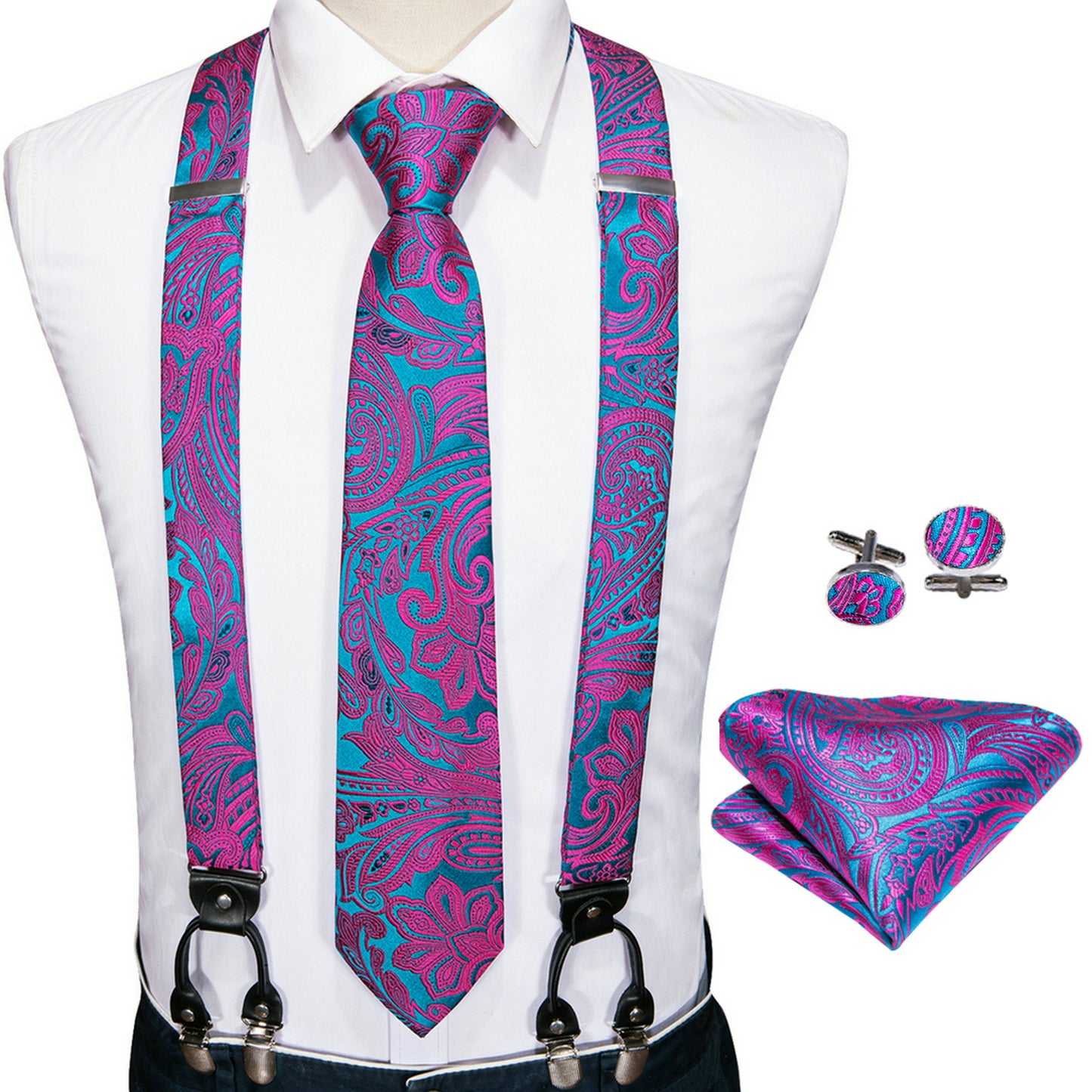 Men Jacquard Adjustable 6 Clips Suspender Neckties Pocket Square Cufflinks