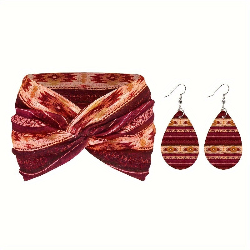 Bohemian Style Headband and Earrings Set - 2pcs, Polyester Boho Wide Printed Cross Knot Hairbands with Matching Earrings, Breathable, High Elastic, Washable, Lightweight, Daily Use Headband Sets for Women - Multiple Patterns Available