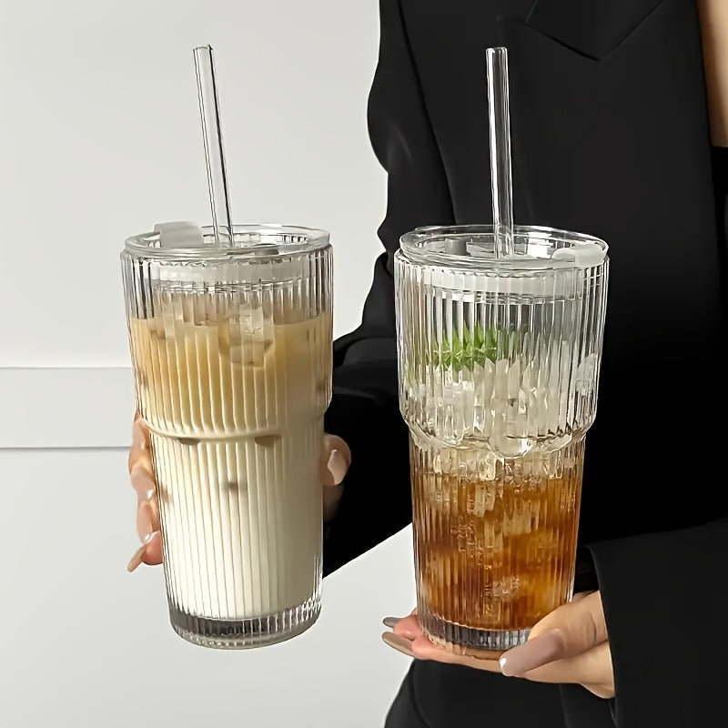 KEMORELA Large Striped Glass Cup with Lid - Insulated, Reusable for Cold Drinks, Juice & Coffee - Ideal for Home, Office, and Holiday Gatherings