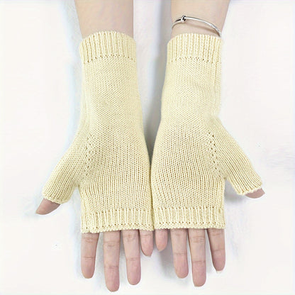 1 Pair of Elegant Women's Fingerless Knit Gloves with Floral & Bird Embroidery - Stretchy, Warm Decorative Beige Gloves for Spring & Autumn, Hand-Washable