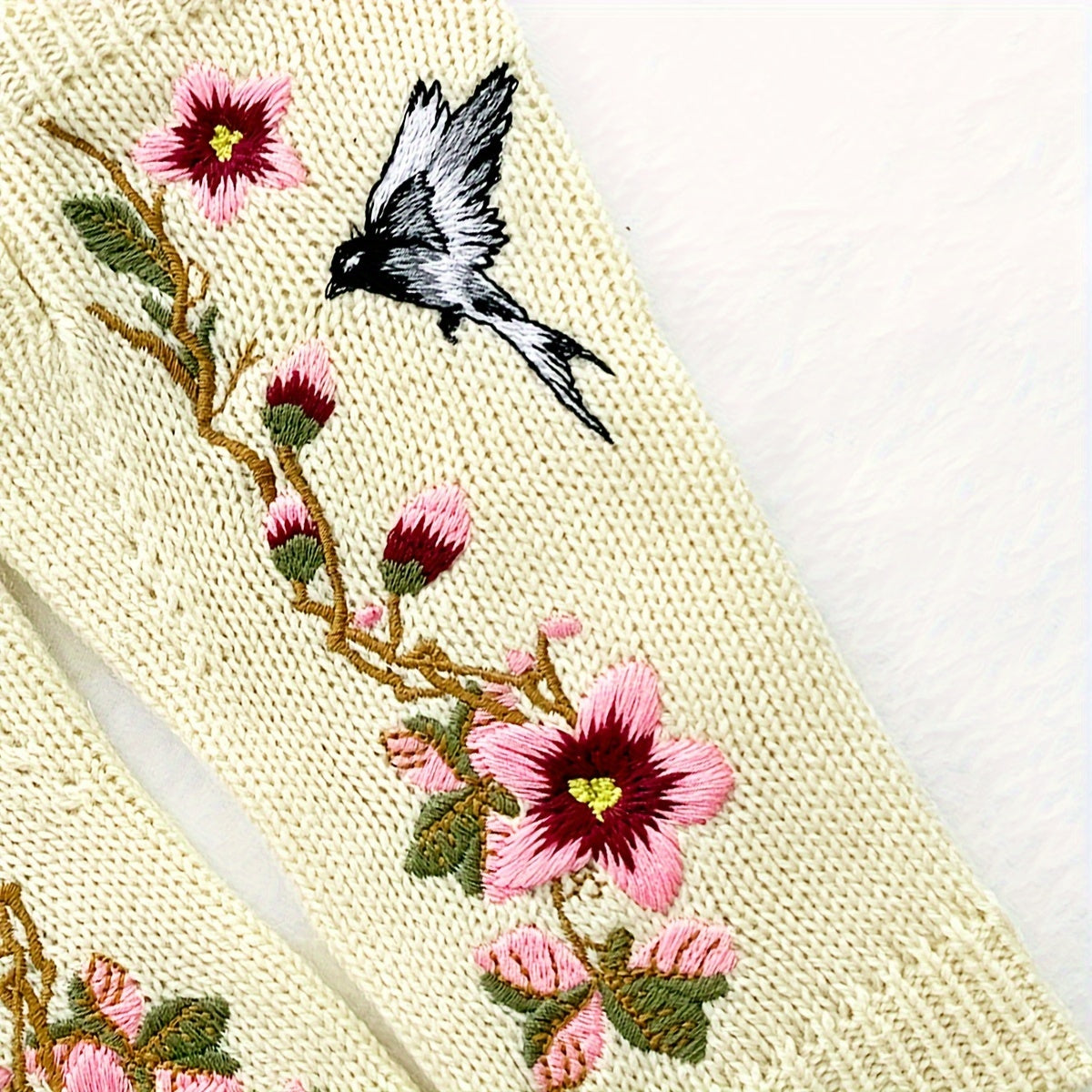 1 Pair of Elegant Women's Fingerless Knit Gloves with Floral & Bird Embroidery - Stretchy, Warm Decorative Beige Gloves for Spring & Autumn, Hand-Washable