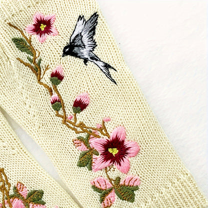 1 Pair of Elegant Women's Fingerless Knit Gloves with Floral & Bird Embroidery - Stretchy, Warm Decorative Beige Gloves for Spring & Autumn, Hand-Washable