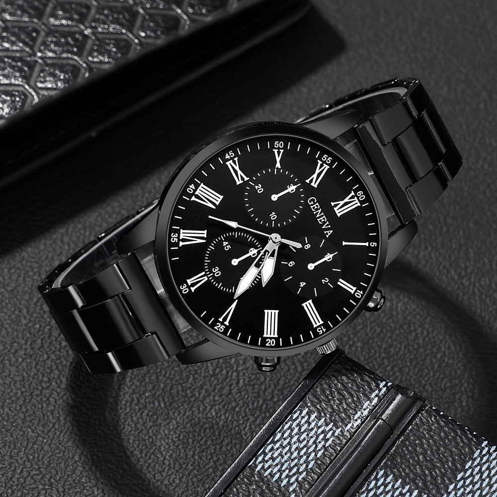 4pcs Chic Couples' Quartz Watch Set with Steel Bands & Magnetic Heart Necklaces