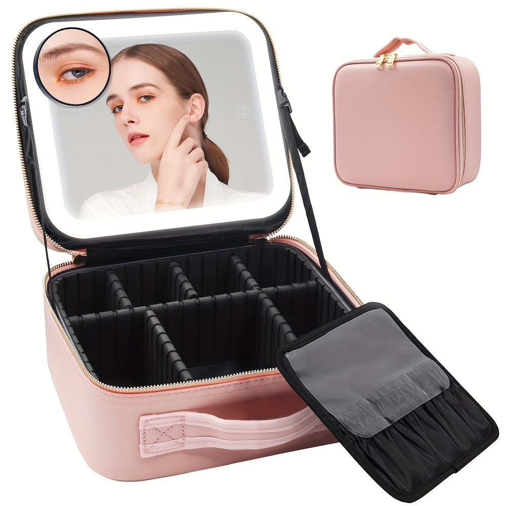 LED Lighted Travel Makeup Train Case Cosmetic Bag Organizer with Mirror and Adjustable Divider Brush Board