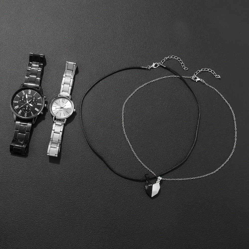4pcs Chic Couples' Quartz Watch Set with Steel Bands & Magnetic Heart Necklaces