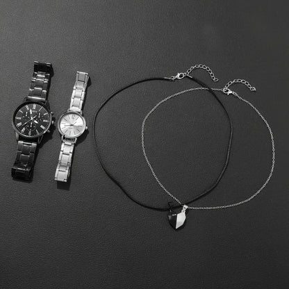 4pcs Chic Couples' Quartz Watch Set with Steel Bands & Magnetic Heart Necklaces